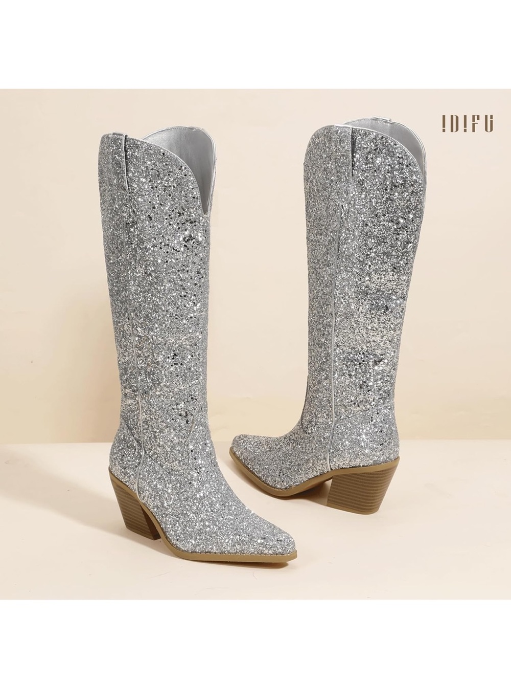 IDIFU Silver Glitter Knee-High Western Block Heel Boots